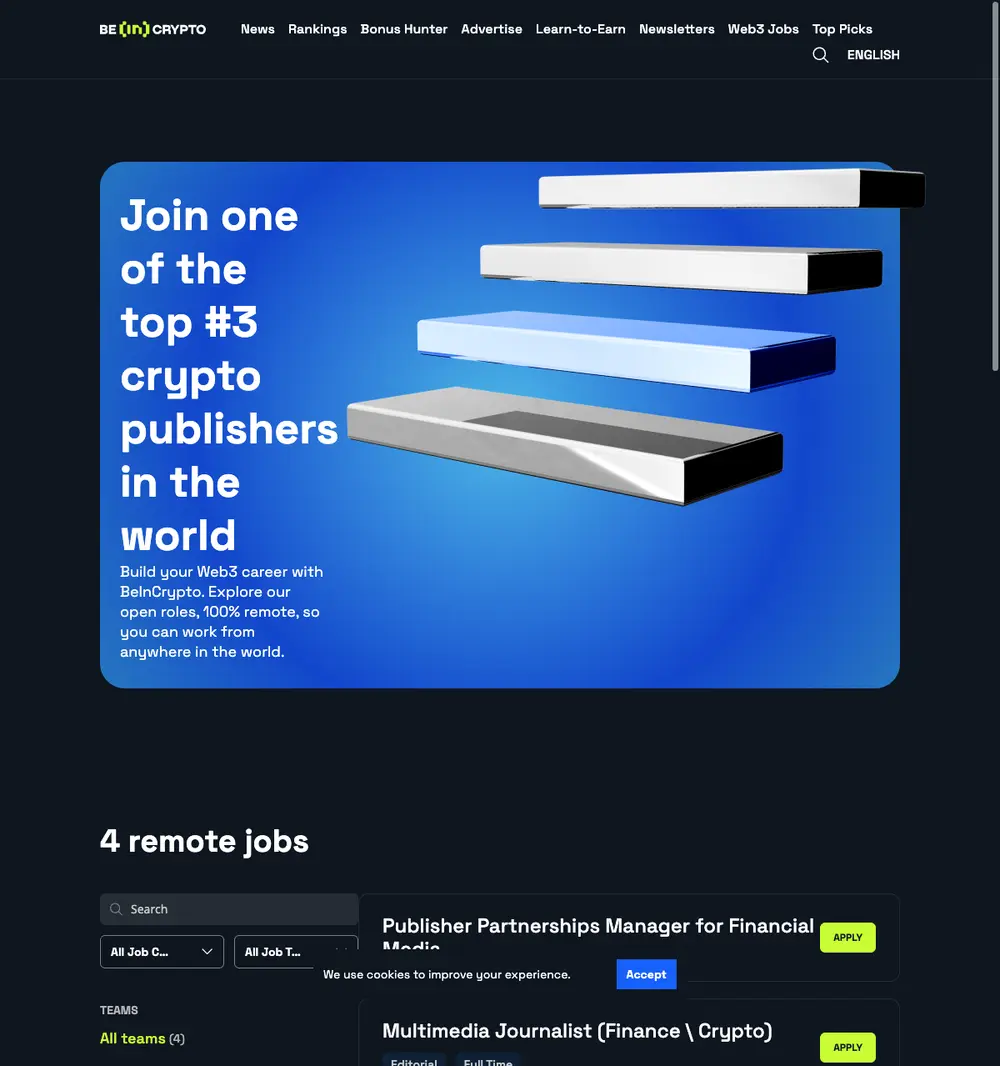 BeInCrypto screenshot BeInCrypto job board platform screenshot showing job search interface