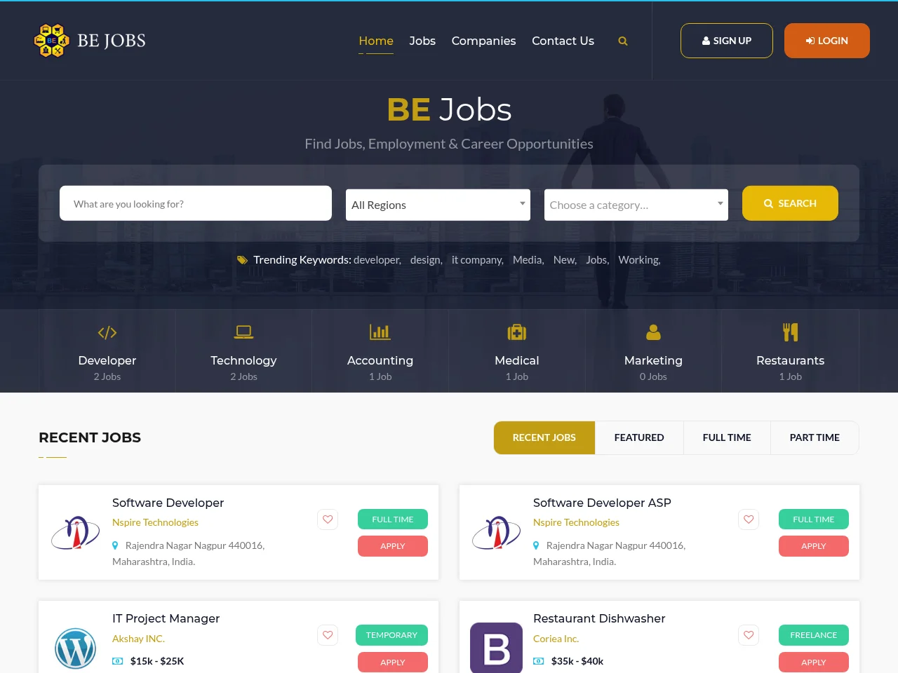 BE JOBS screenshot BE JOBS job board platform screenshot showing job search interface