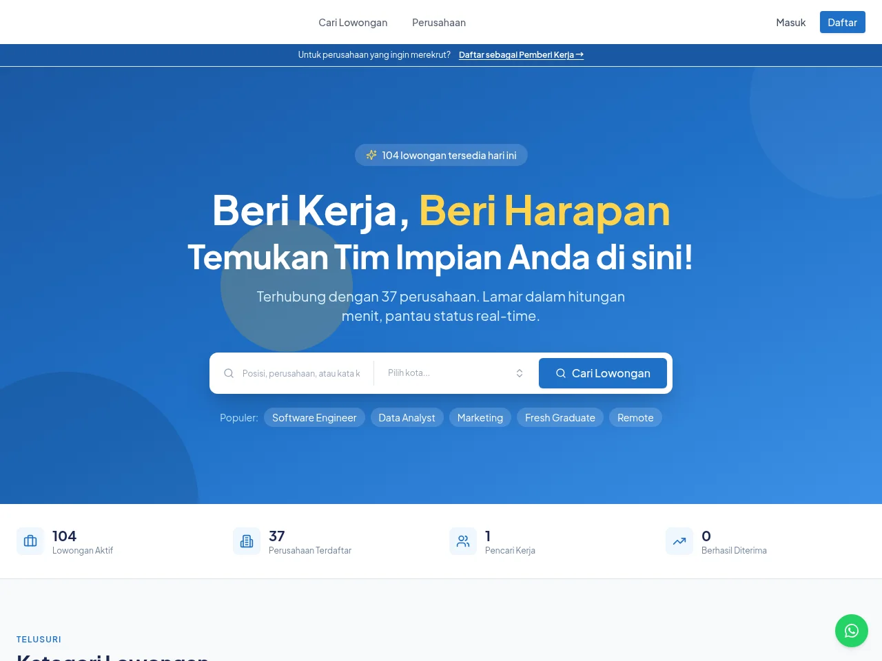 BeriKerja job board platform screenshot showing job search interface