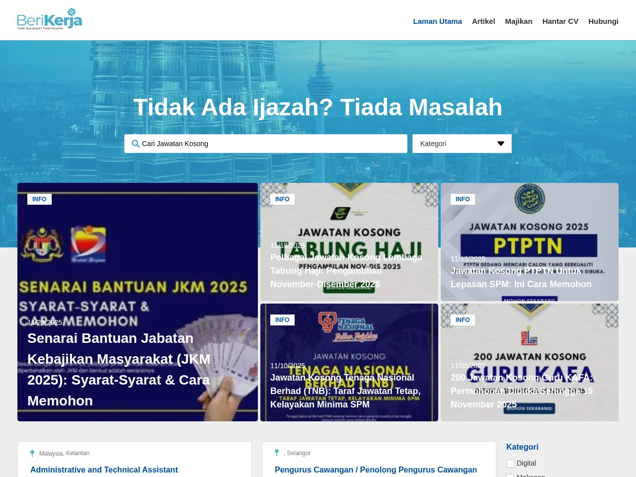 BeriKerja job board platform screenshot showing job search interface