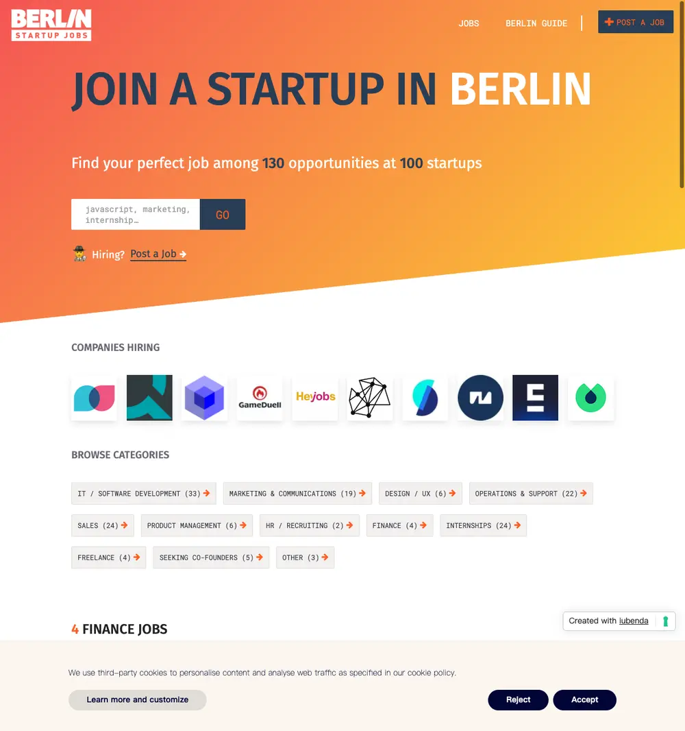 Berlin Startup Jobs job board platform screenshot showing job search interface