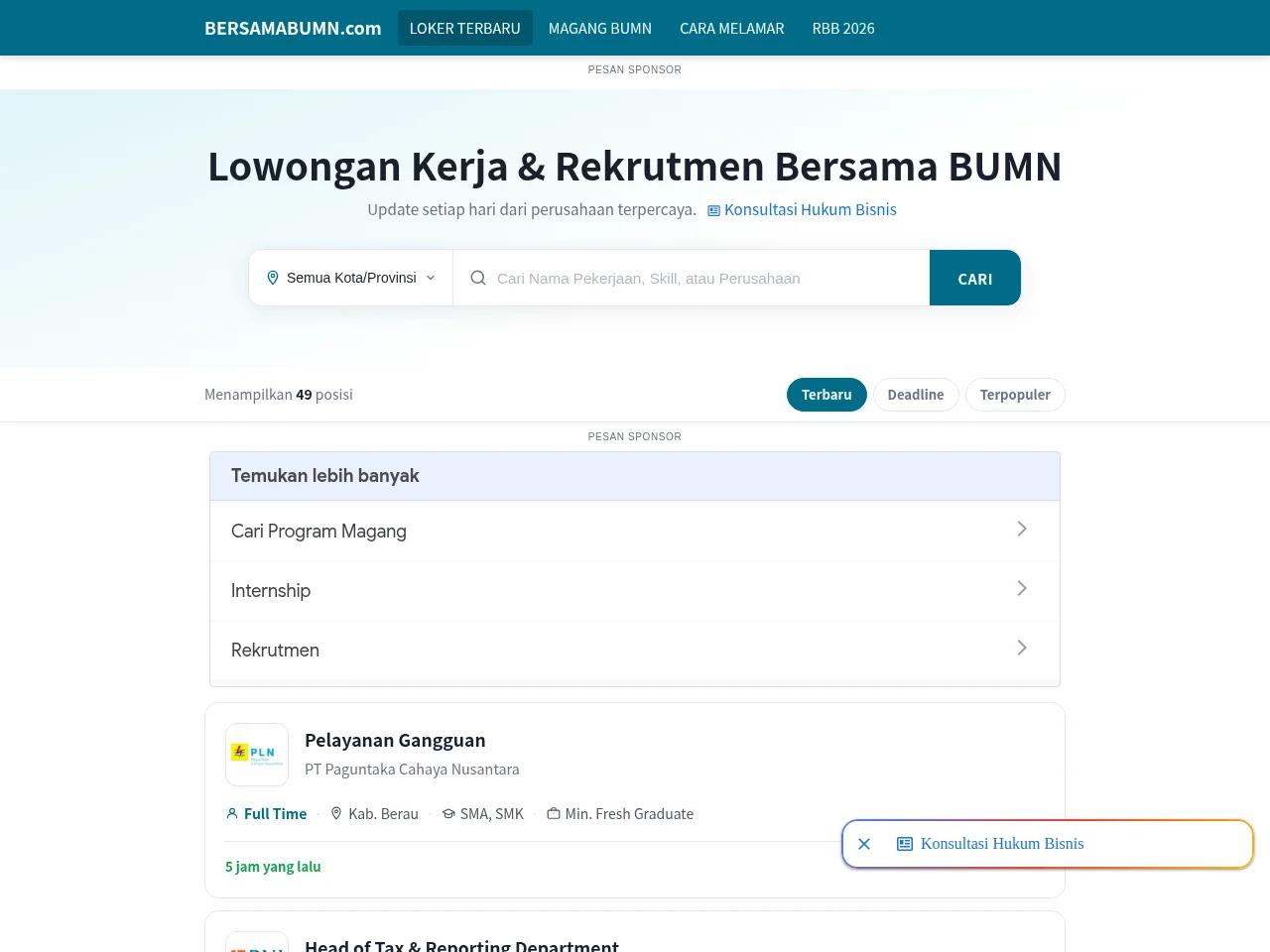 Bersama BUMN job board platform screenshot showing job search interface