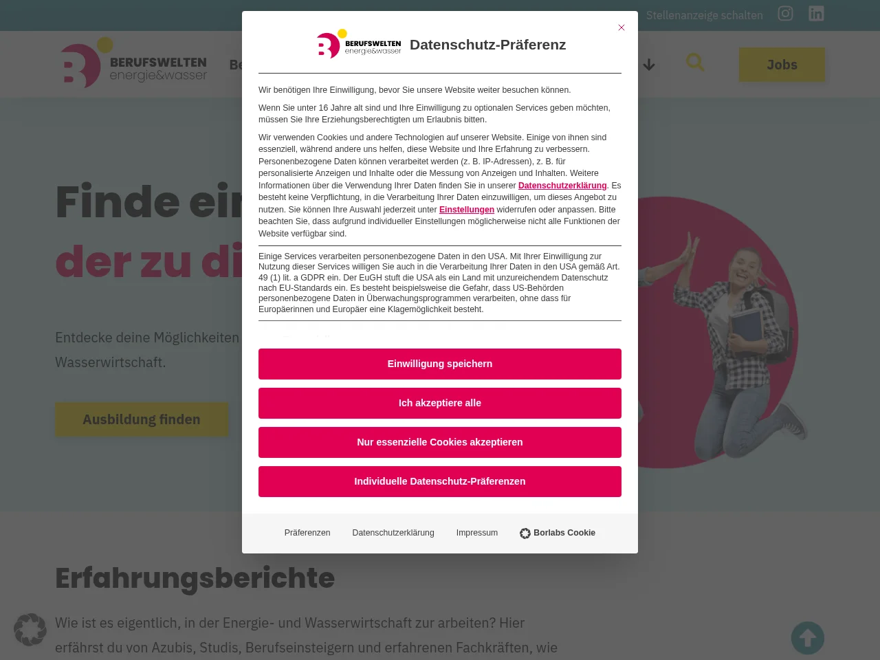 Berufswelten Energie & Wasser job board platform screenshot showing job search interface