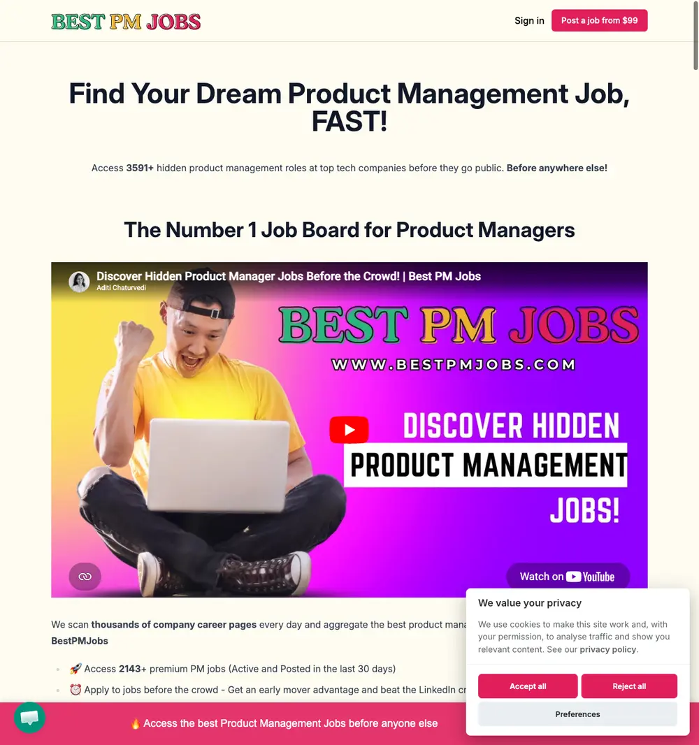 Best PM Jobs job board platform screenshot showing job search interface