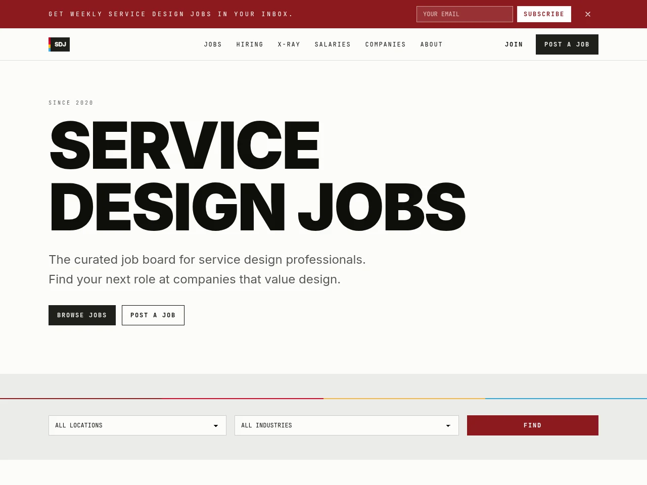 Service Design Jobs job board platform screenshot showing job search interface