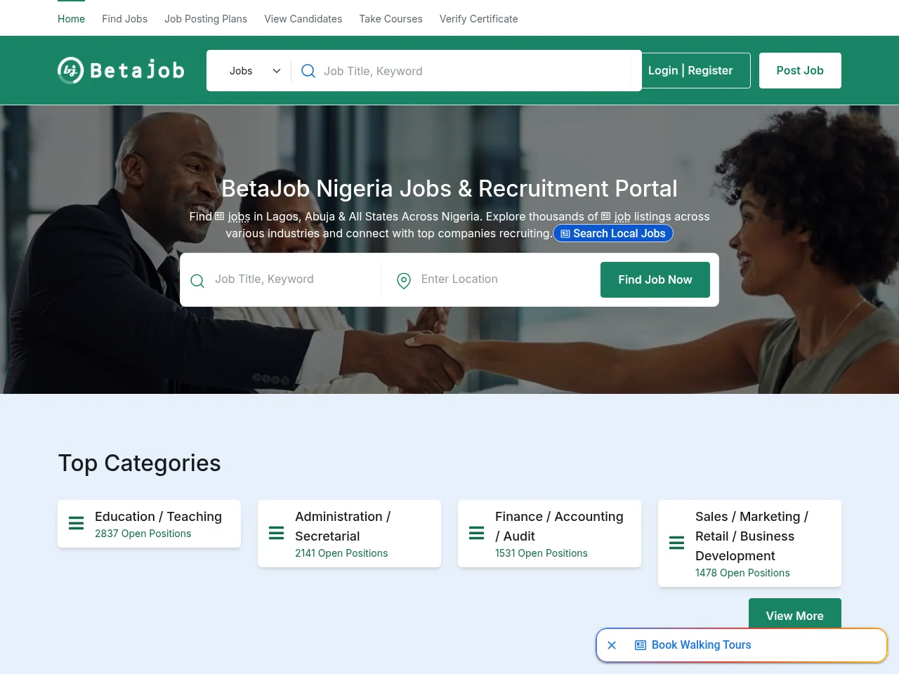 BetaJob Nigeria job board platform screenshot showing job search interface