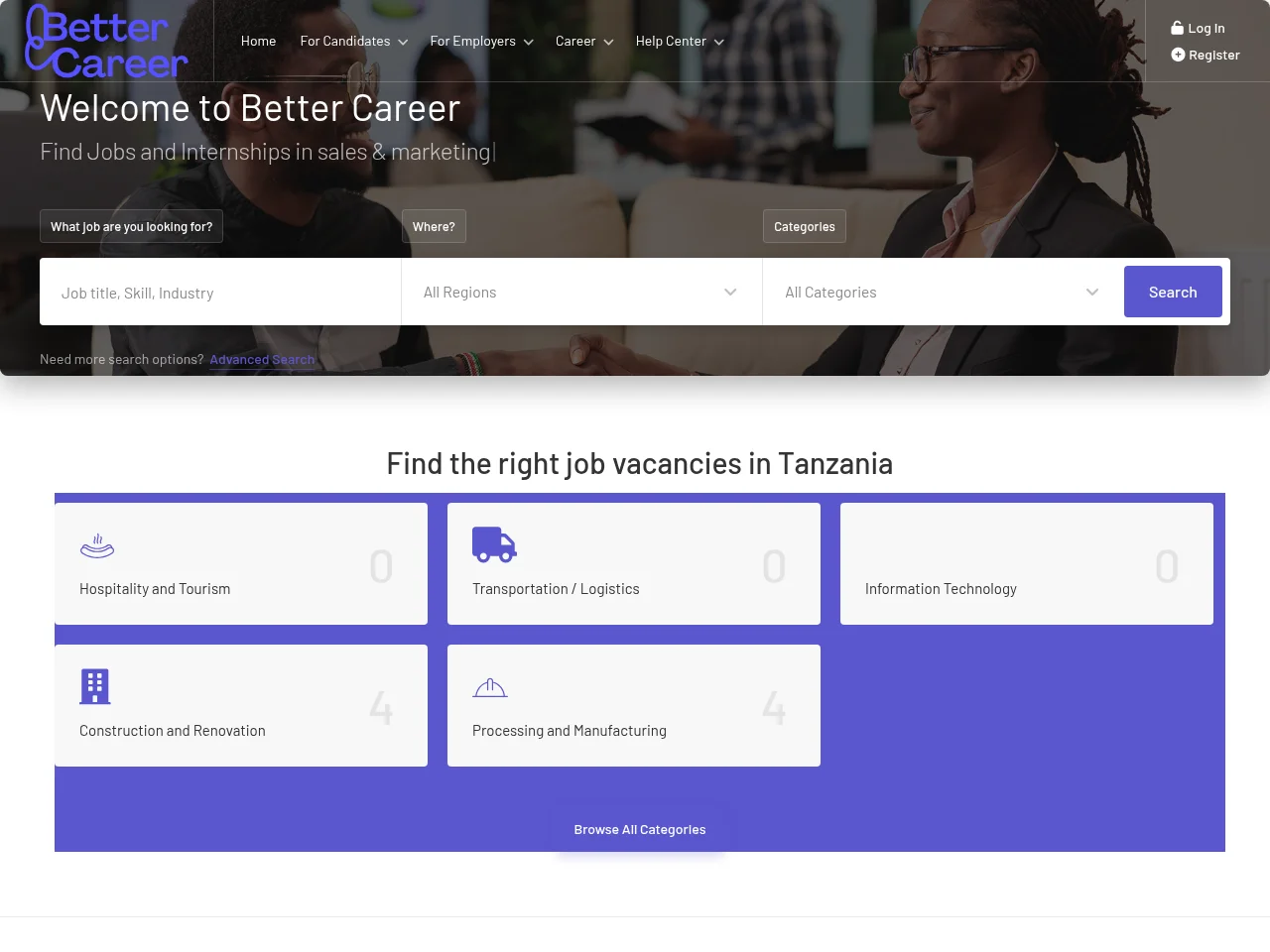 Better Career job board platform screenshot showing job search interface