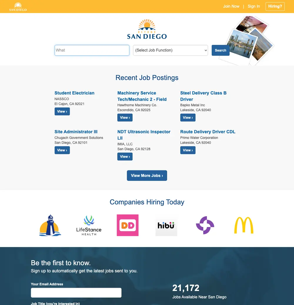 BeyondSanDiego job board platform screenshot showing job search interface