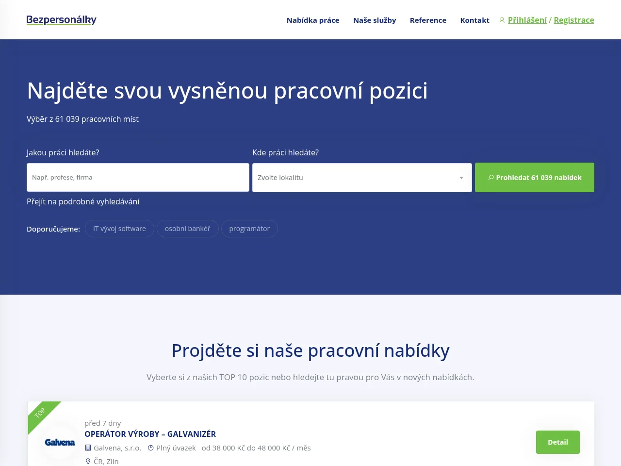 Bezpersonalky.com job board platform screenshot showing job search interface