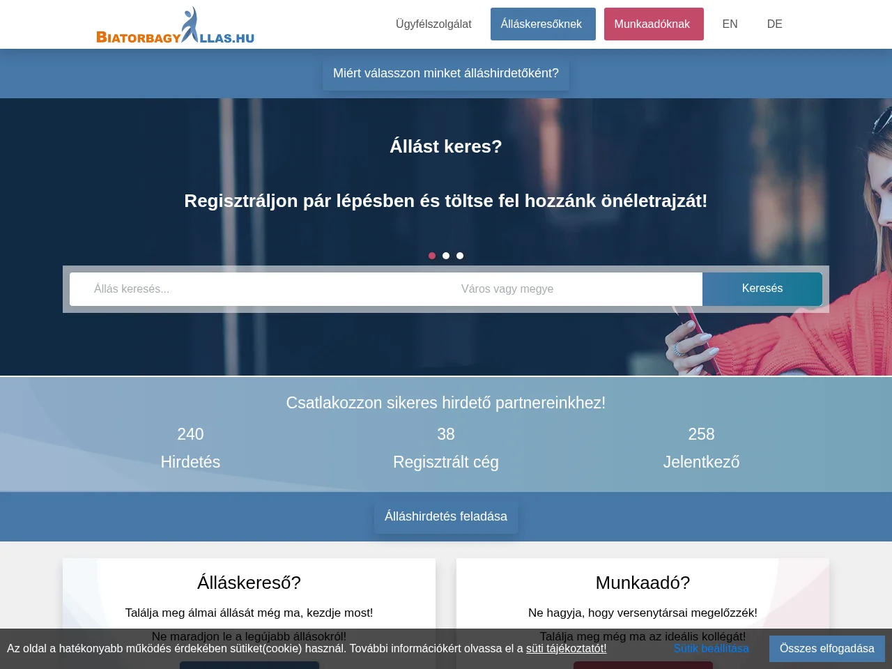 Biatorbagyallas.hu job board platform screenshot showing job search interface