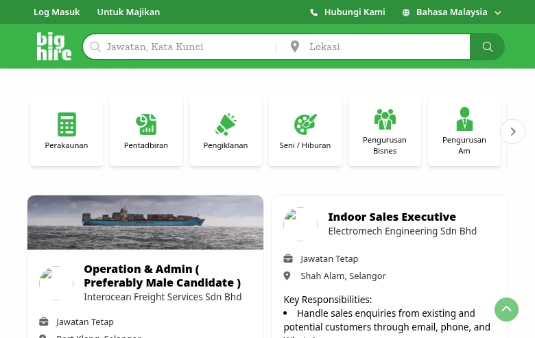 BigHire job board platform screenshot showing job search interface
