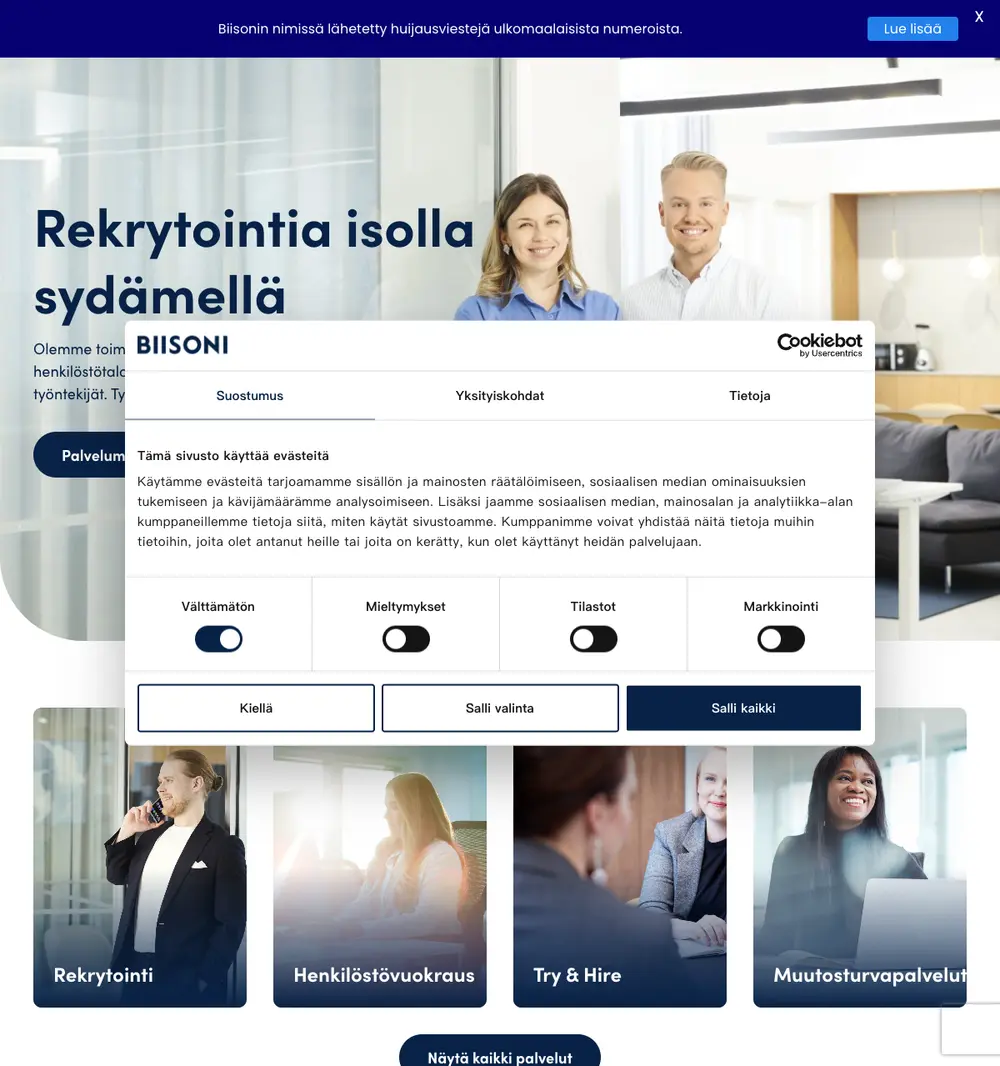 biisoni.fi job board platform screenshot showing job search interface