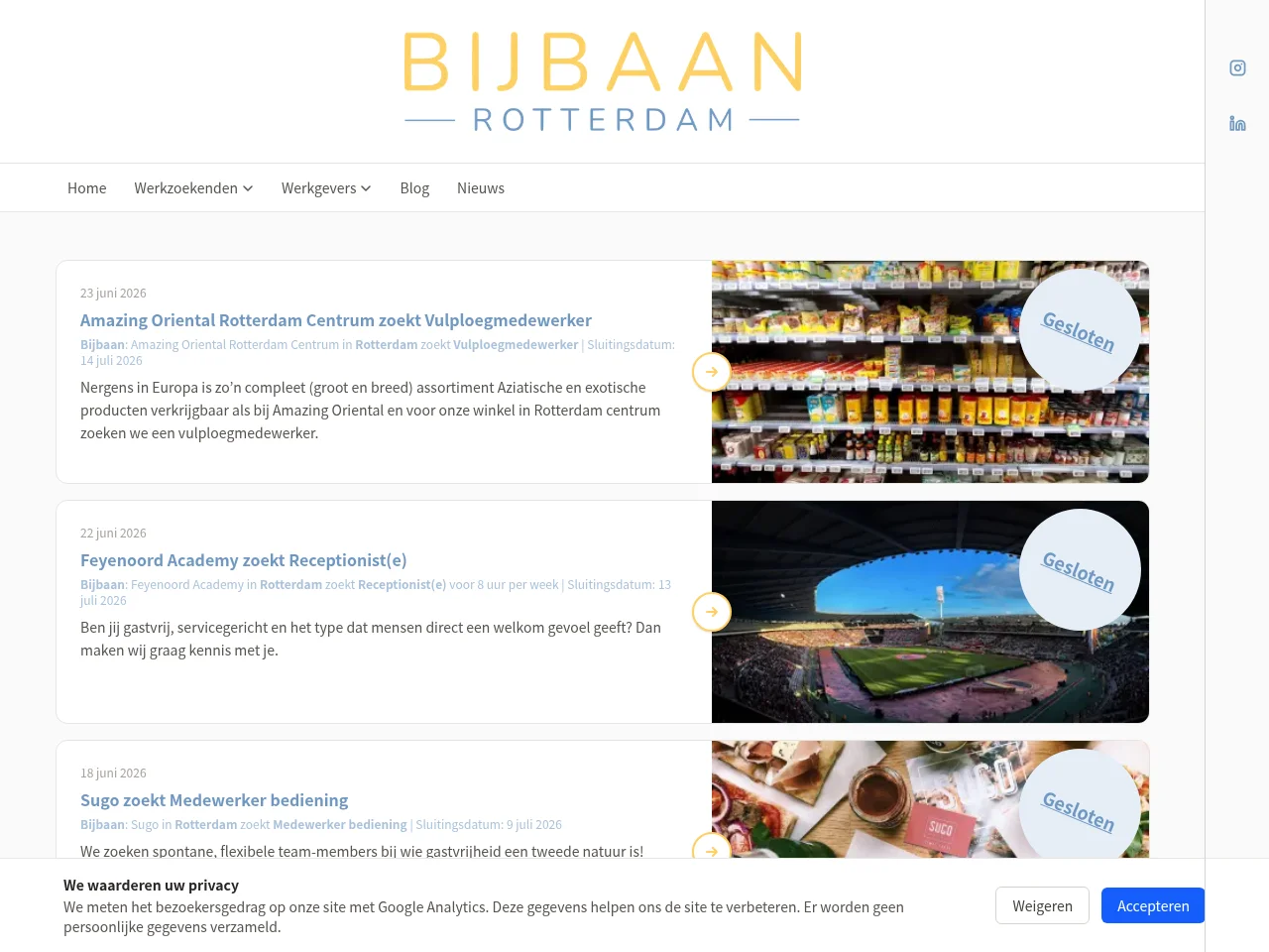 Bijbaan Rotterdam job board platform screenshot showing job search interface