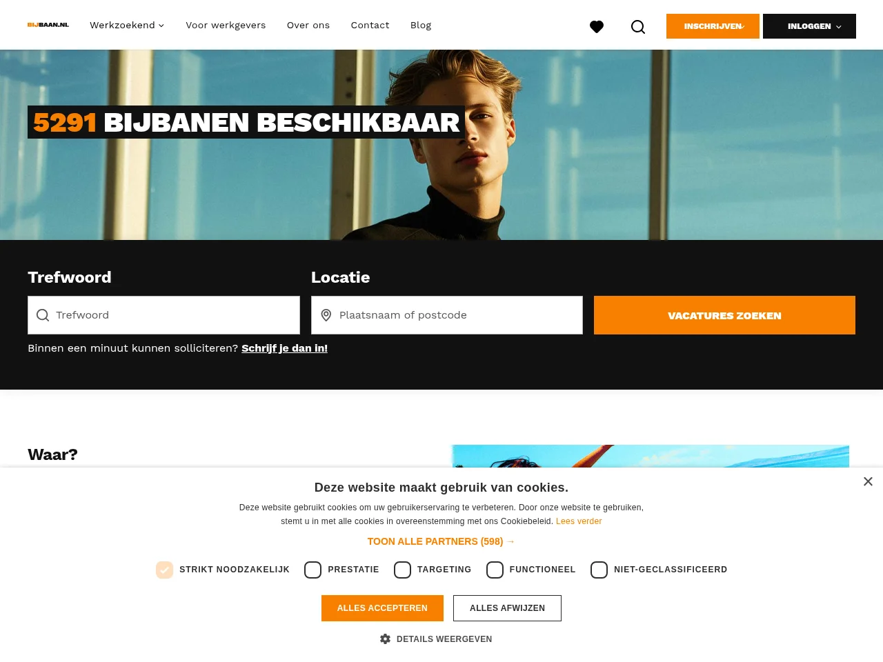 Bijbaan.nl job board platform screenshot showing job search interface