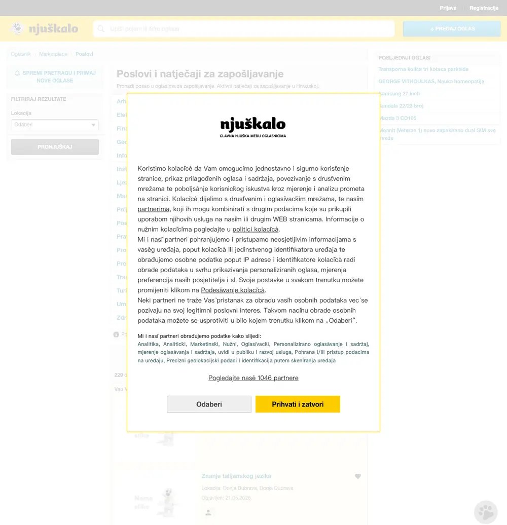 Njuškalo job board platform screenshot showing job search interface