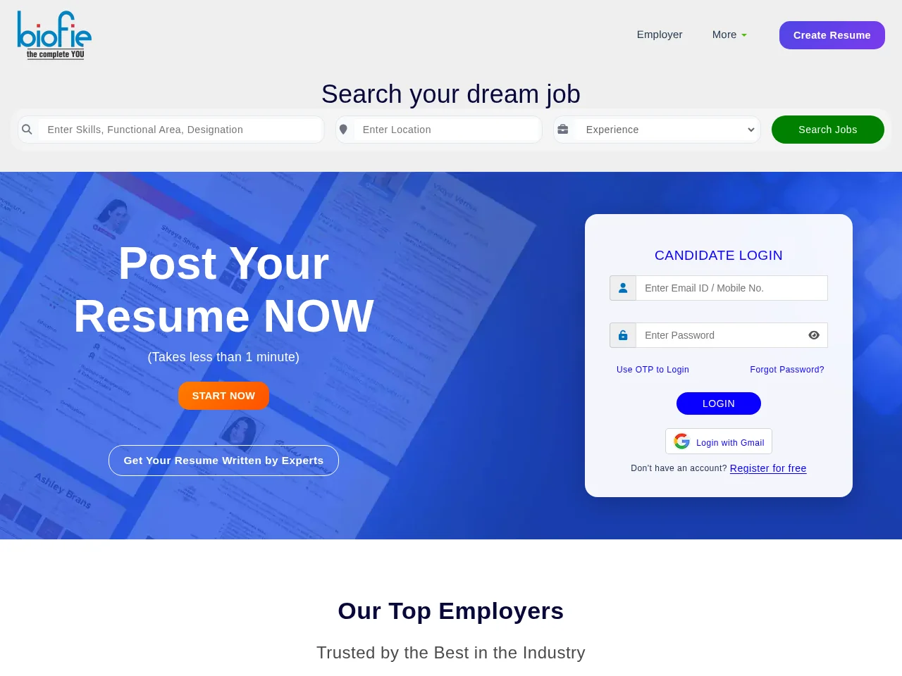 Biofie job board platform screenshot showing job search interface