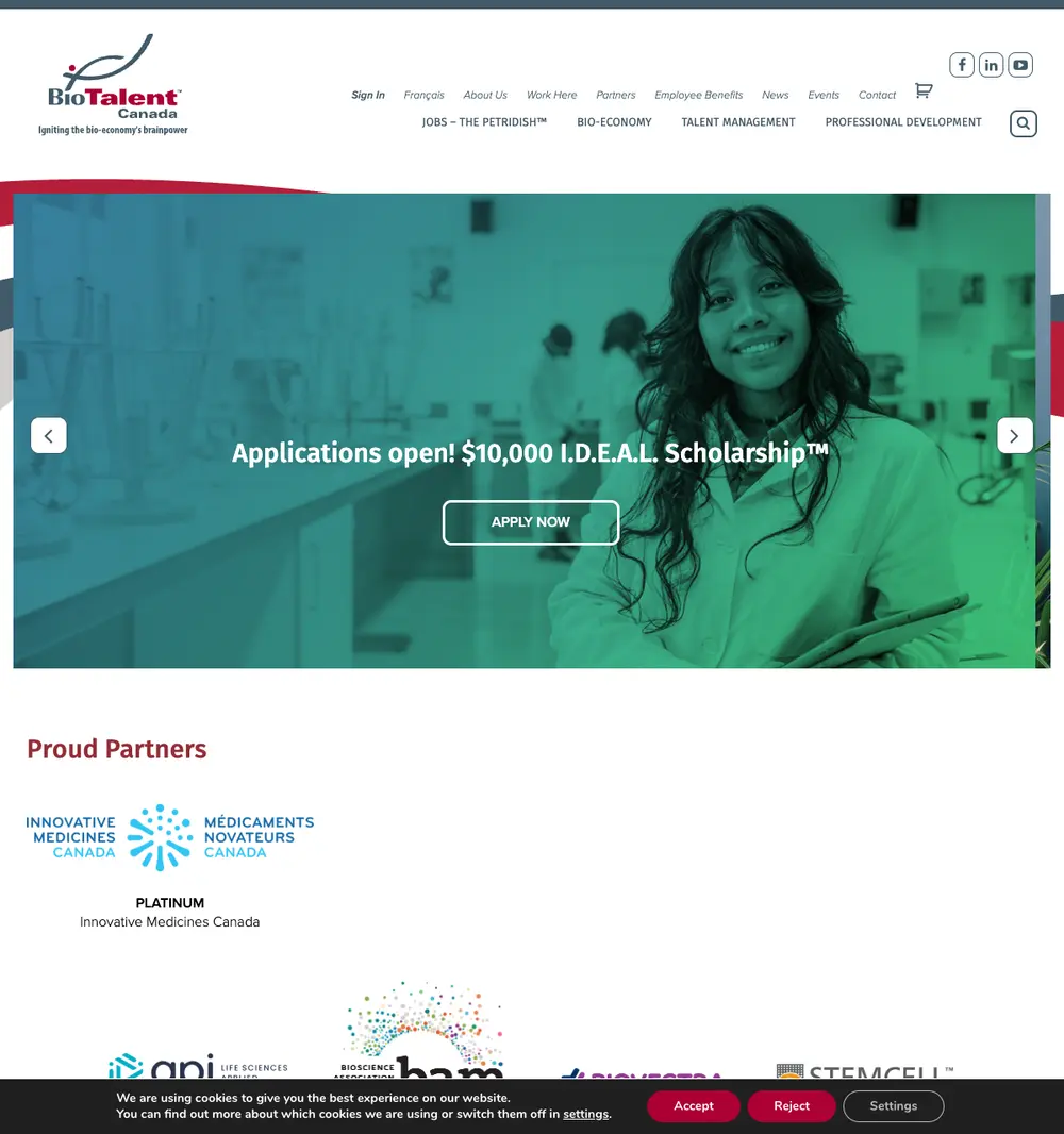 BioTalent Canada job board platform screenshot showing job search interface