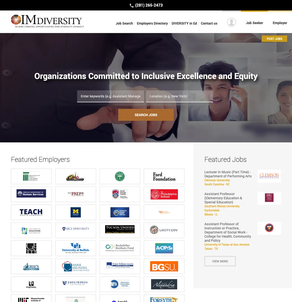 IMDiversity job board platform screenshot showing job search interface