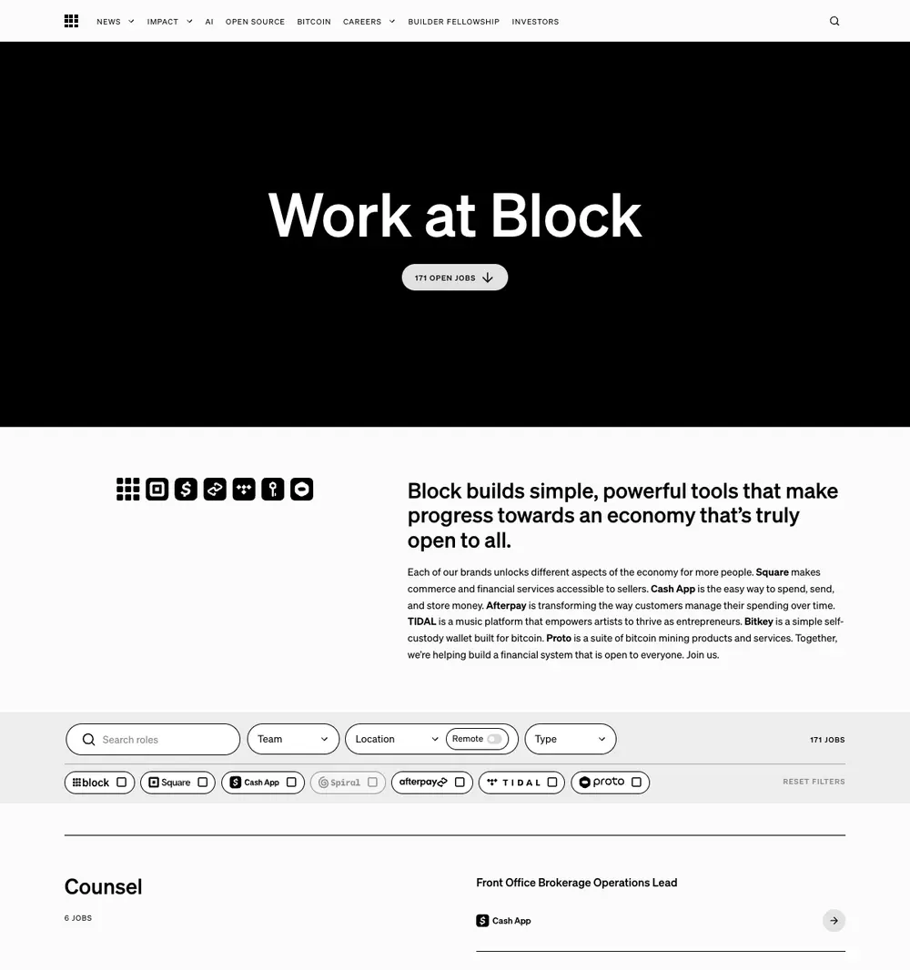Block Careers job board platform screenshot showing job search interface