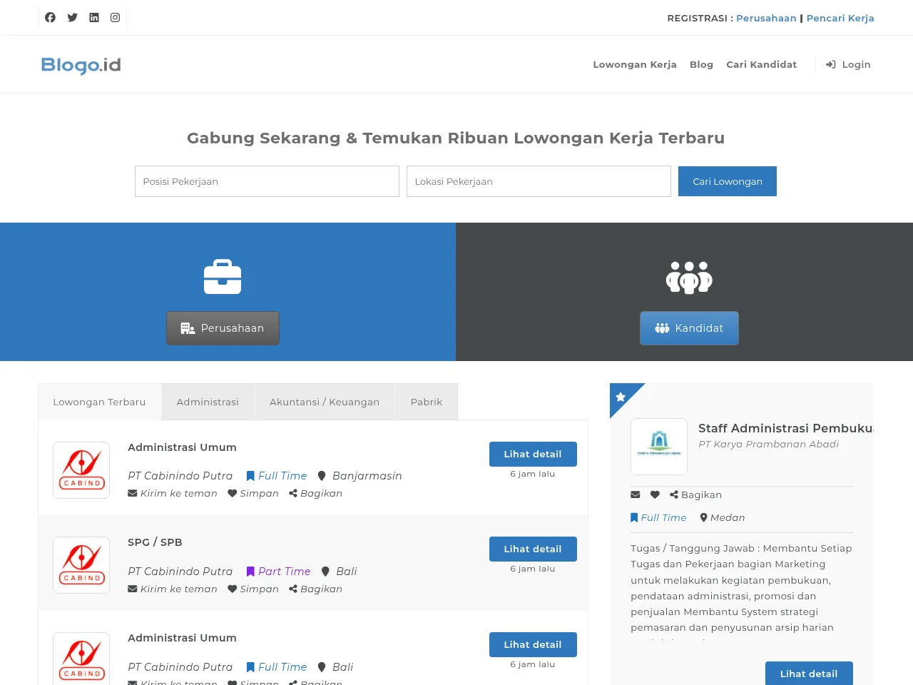 Blogo.ID job board platform screenshot showing job search interface