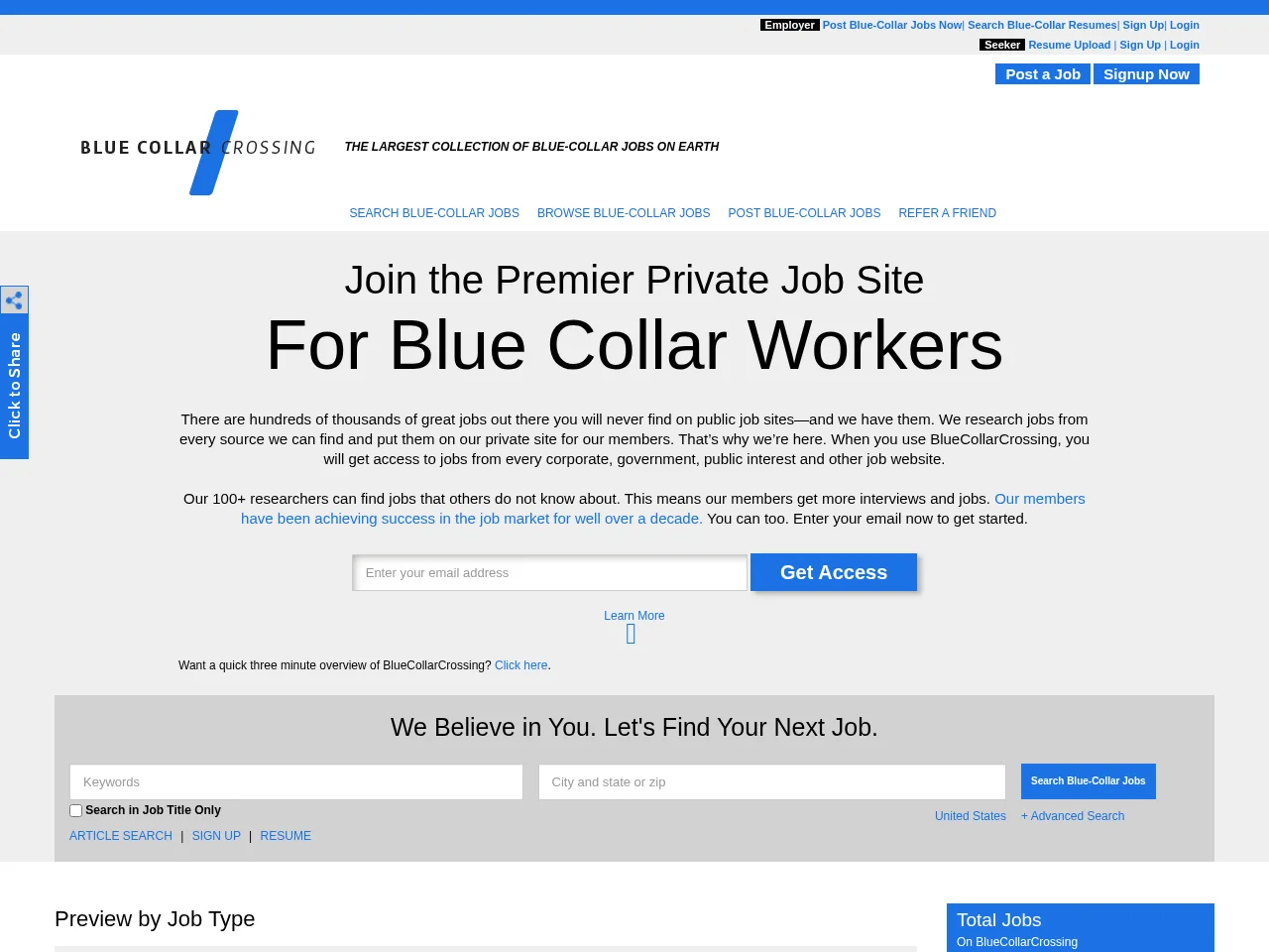 BlueCollarCrossing job board platform screenshot showing job search interface