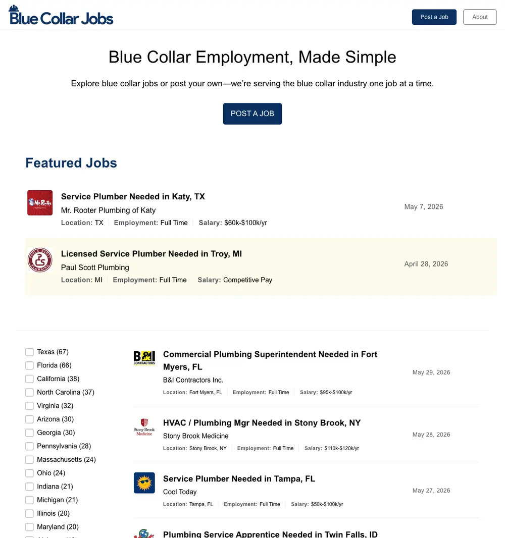 BlueCollarJobs.com job board platform screenshot showing job search interface