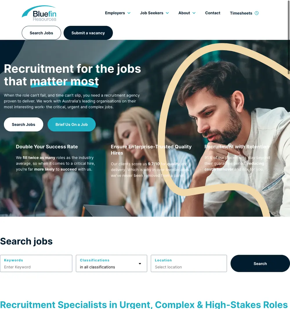 Bluefin Resources job board platform screenshot showing job search interface