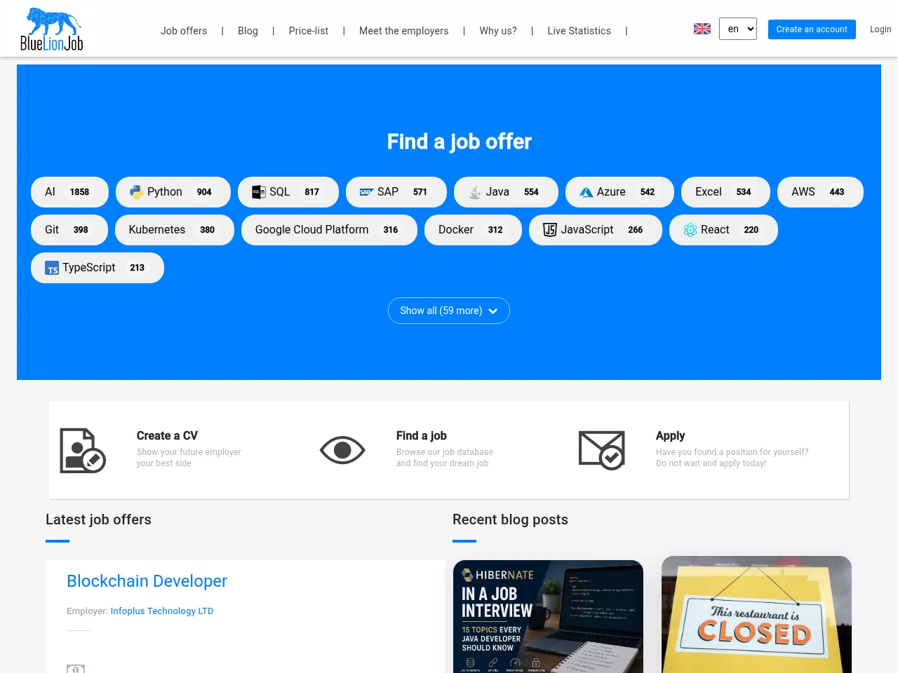 Blue Lion Job Board job board platform screenshot showing job search interface