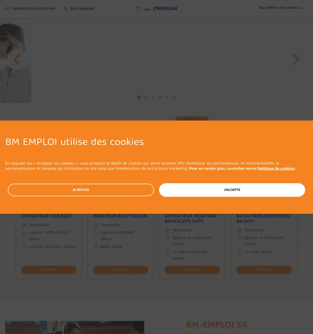 BM-Emploi.ch job board platform screenshot showing job search interface