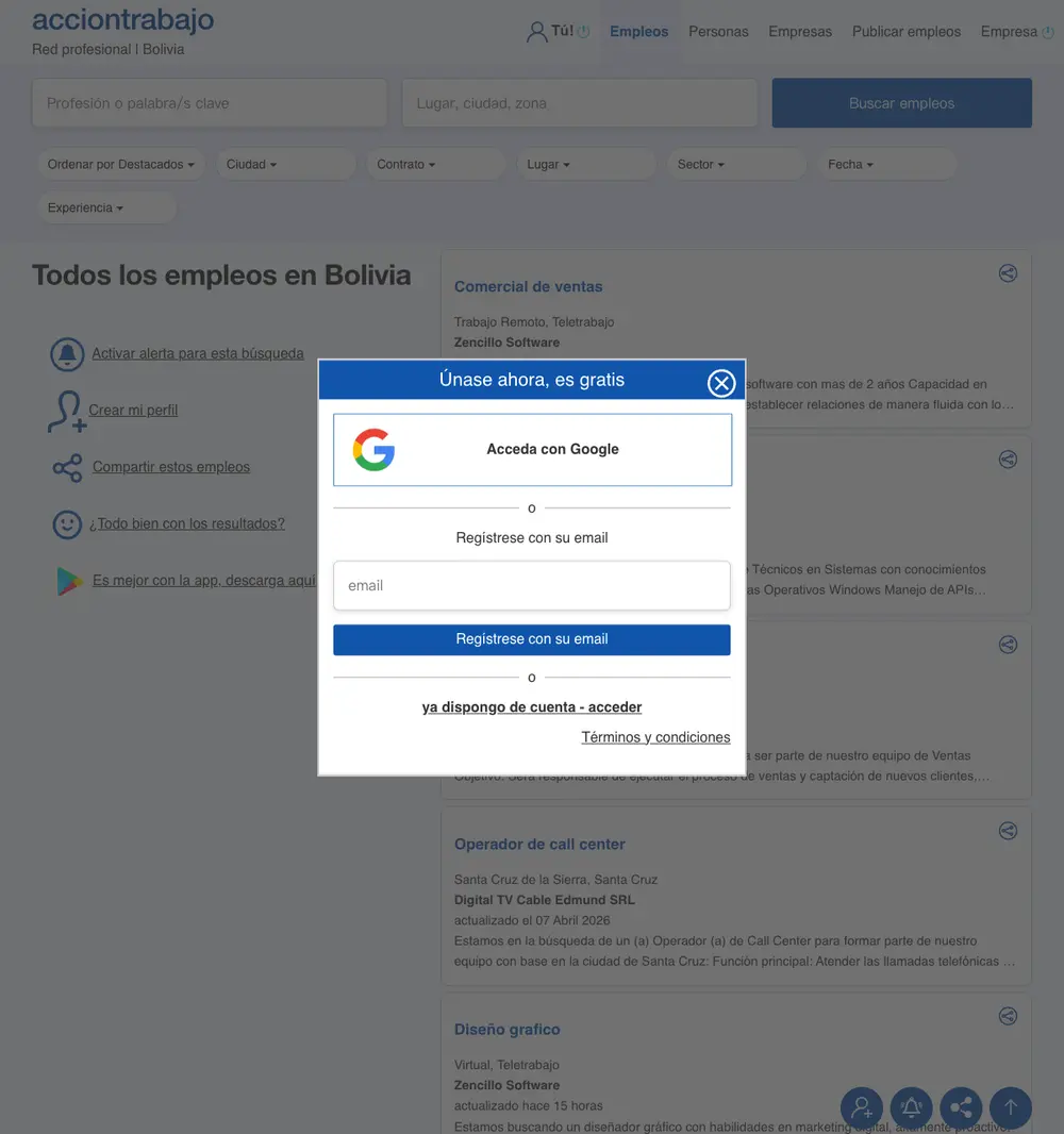 Acciontrabajo job board platform screenshot showing job search interface