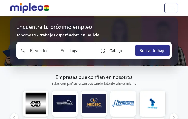 Mipleo Bolivia job board platform screenshot showing job search interface