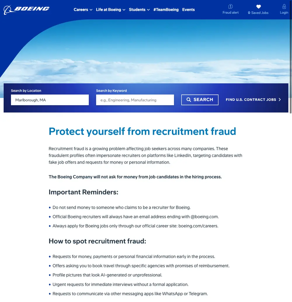 Boeing Careers job board platform screenshot showing job search interface