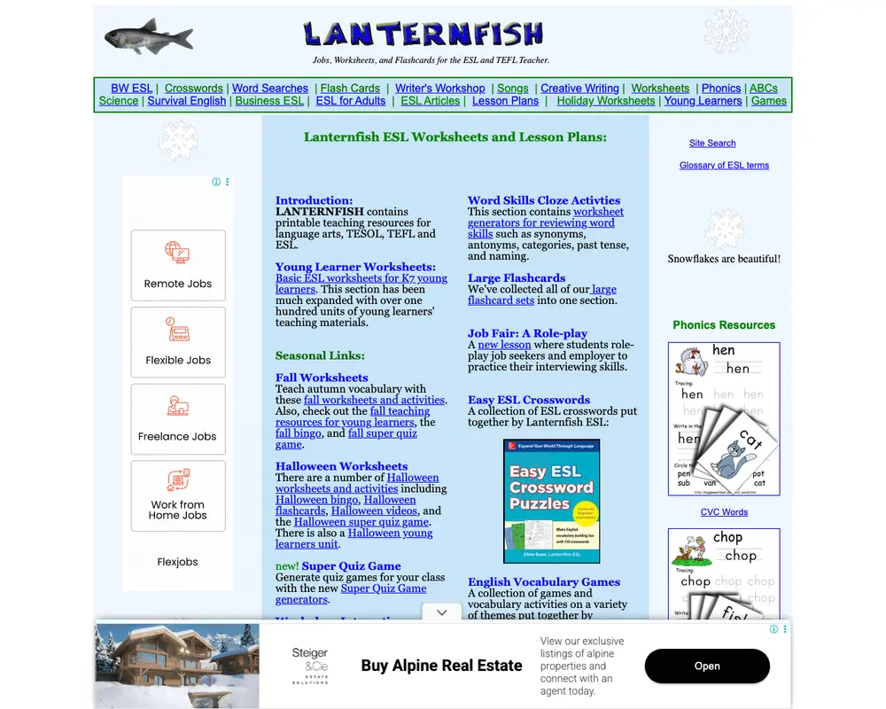 Bogglesworld ESL job board platform screenshot showing job search interface