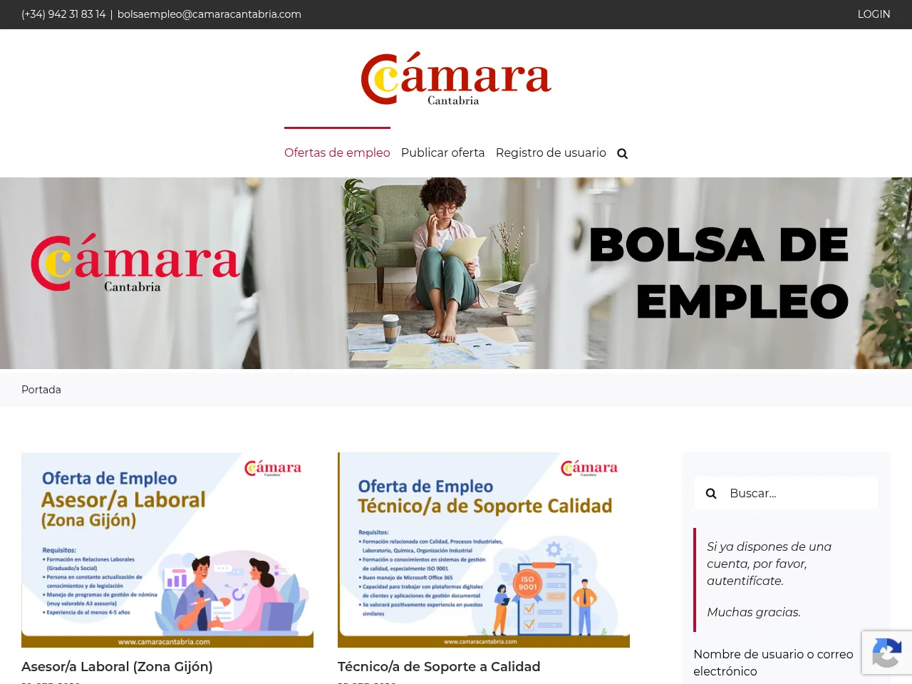 Bolsa de Empleo - Cámara Comercio Cantabria screenshot Bolsa de Empleo - Cámara Comercio Cantabria job board platform screenshot showing job search interface