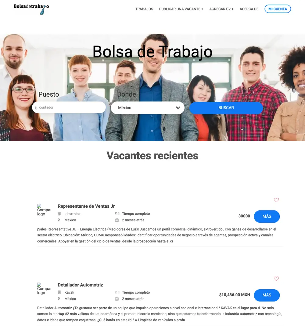 Bolsa de Trabajo job board platform screenshot showing job search interface
