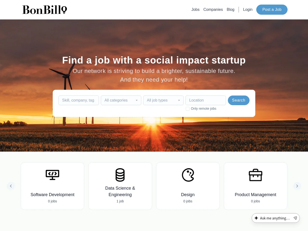 BonBillo job board platform screenshot showing job search interface