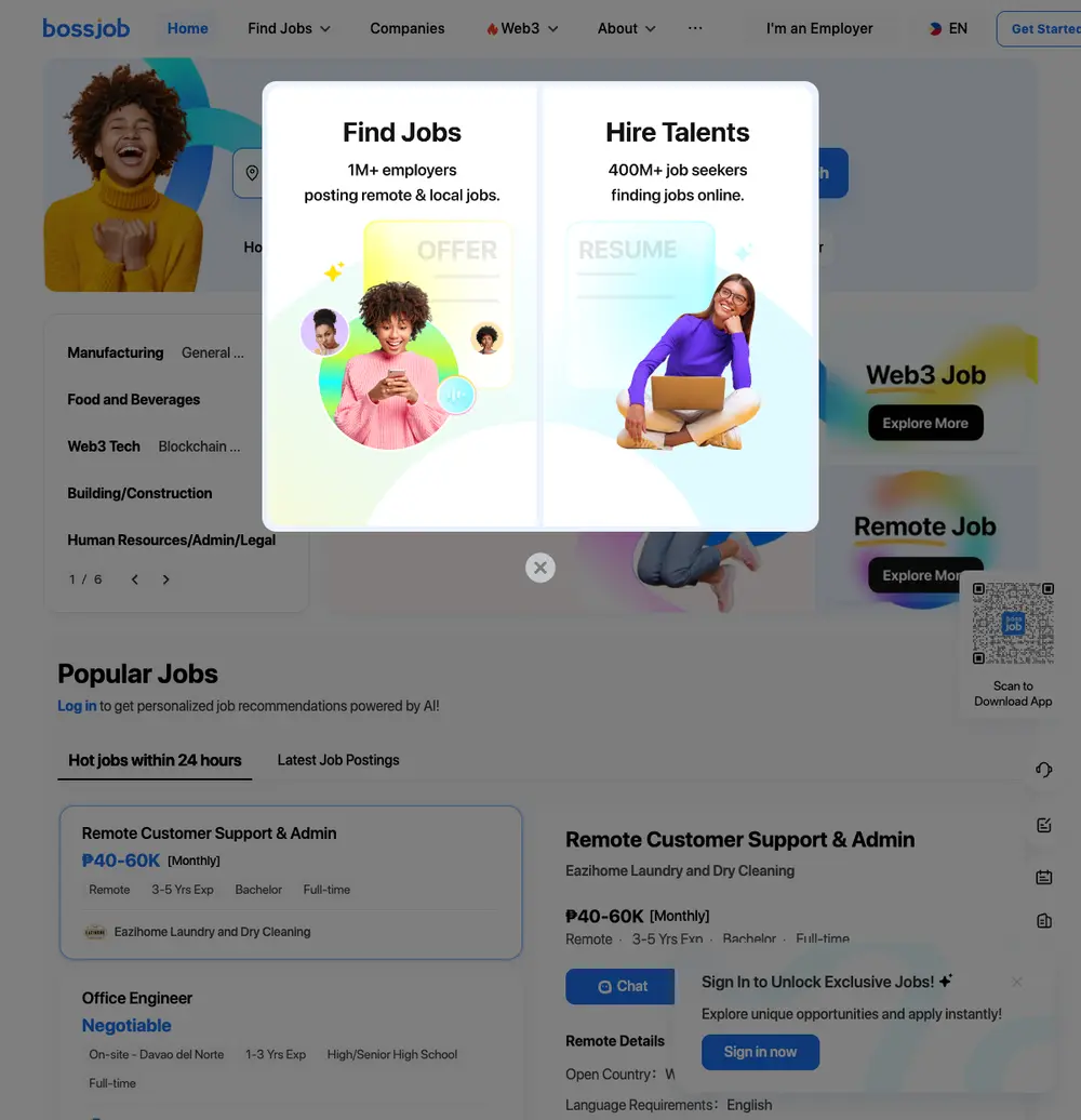 bossjob job board platform screenshot showing job search interface