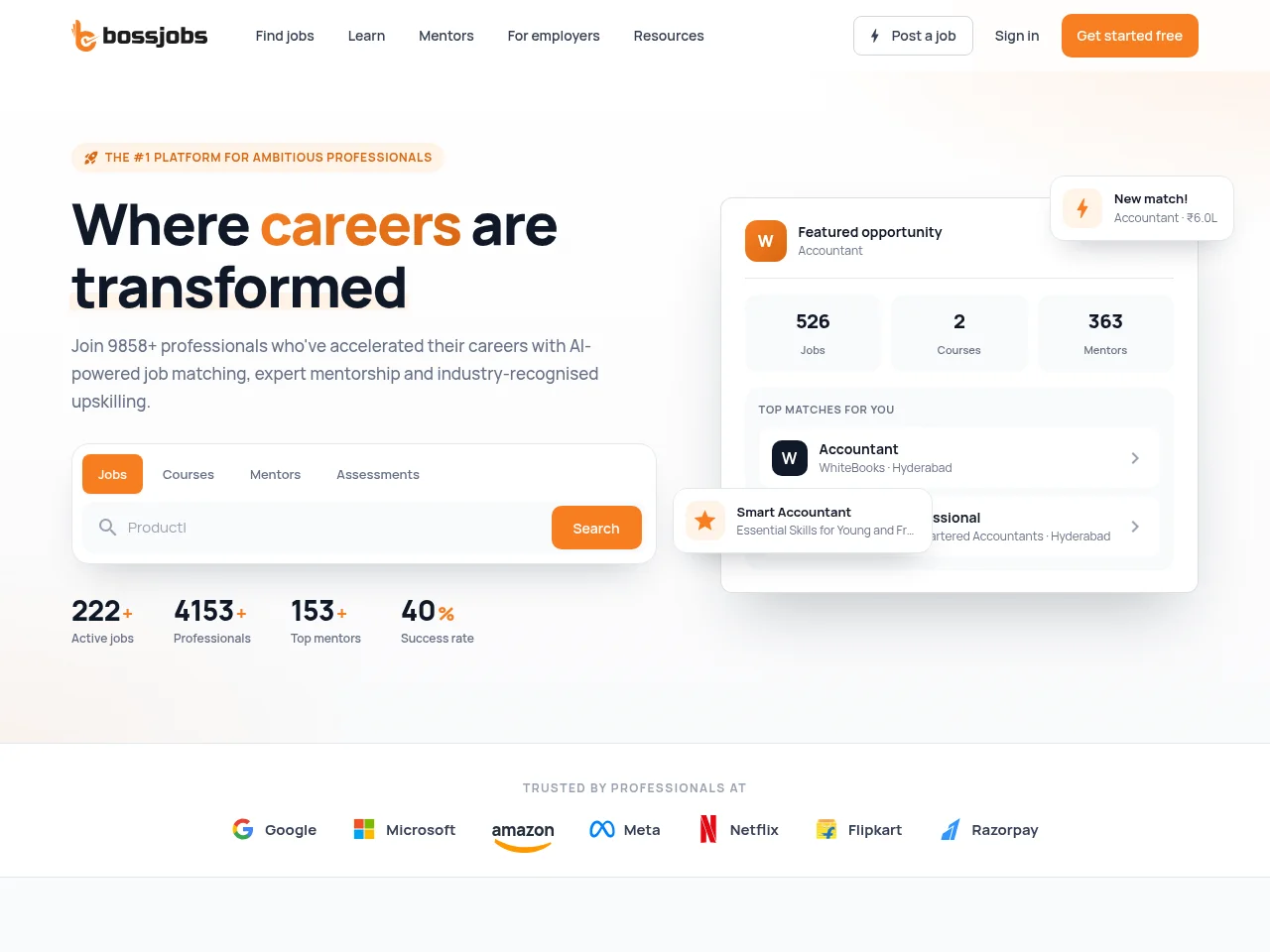 Bossjobs job board platform screenshot showing job search interface