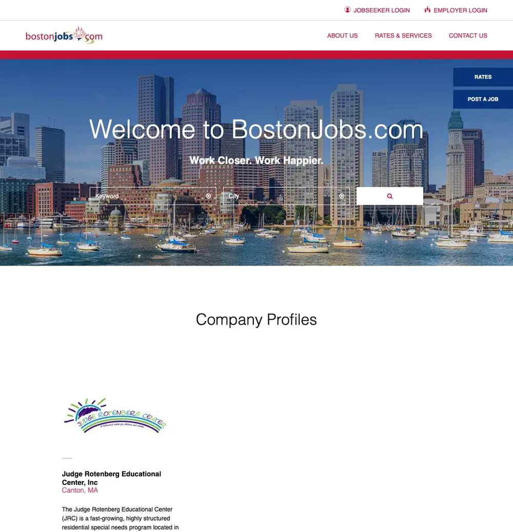 Boston Jobs job board platform screenshot showing job search interface
