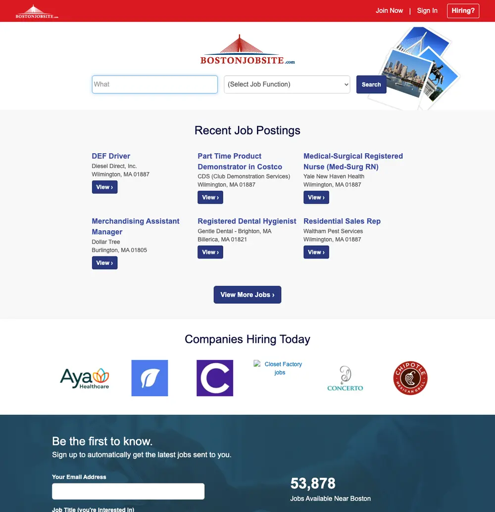 BostonJobSite job board platform screenshot showing job search interface