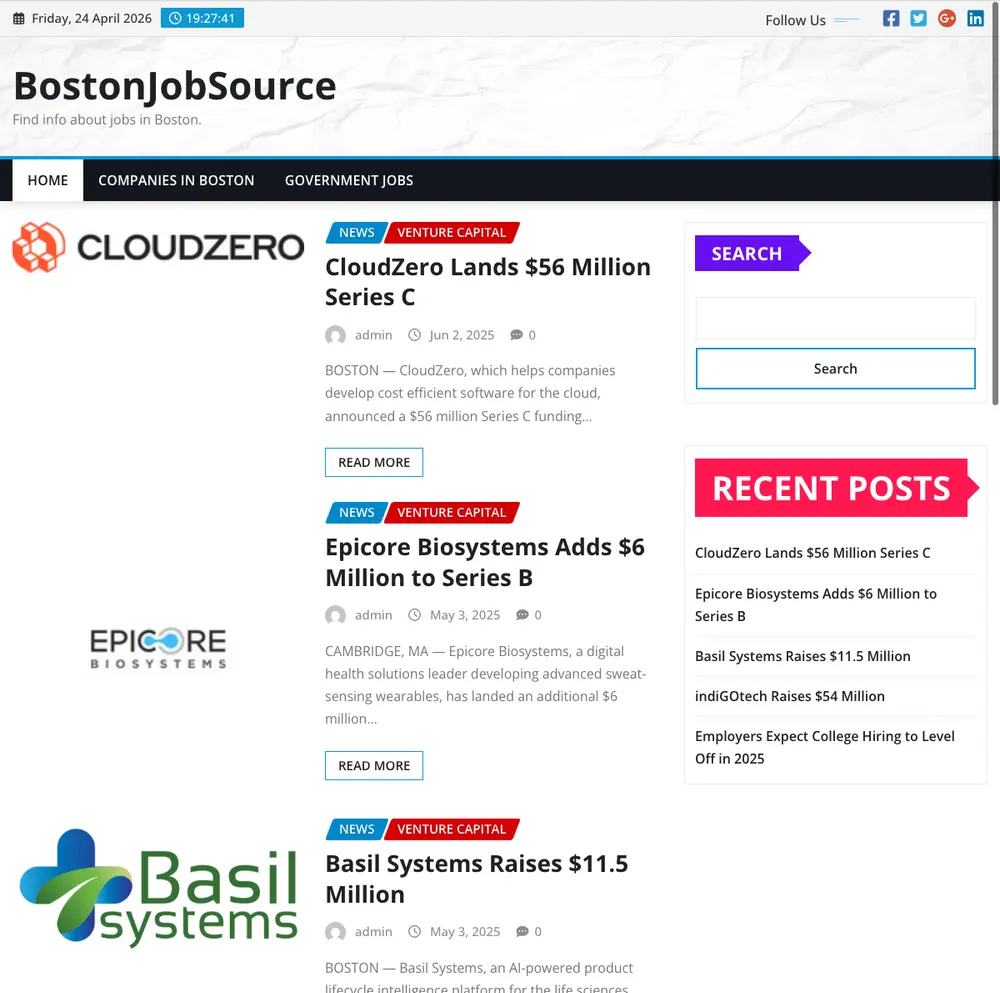 BostonJobSource job board platform screenshot showing job search interface
