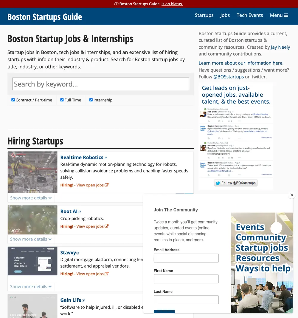 Boston Startups Guide screenshot Boston Startups Guide job board platform screenshot showing job search interface
