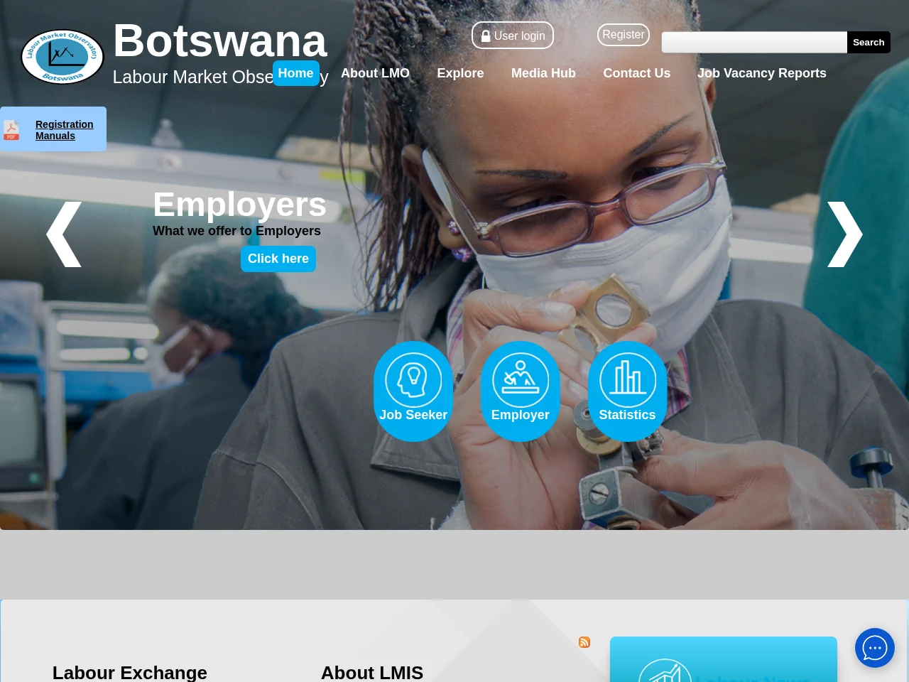 Botswana Labour Market Observatory job board platform screenshot showing job search interface