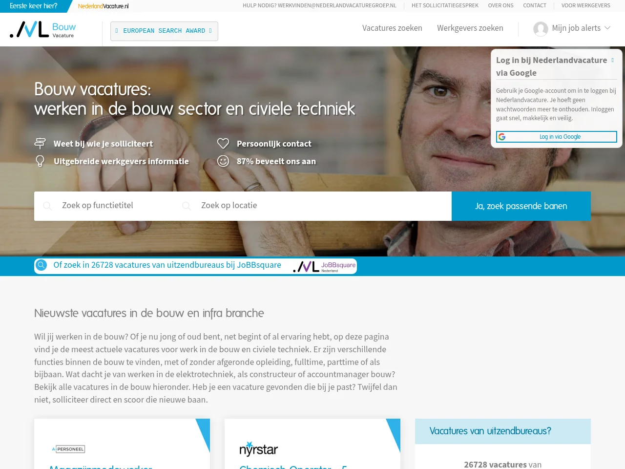 Nederland Vacature job board platform screenshot showing job search interface