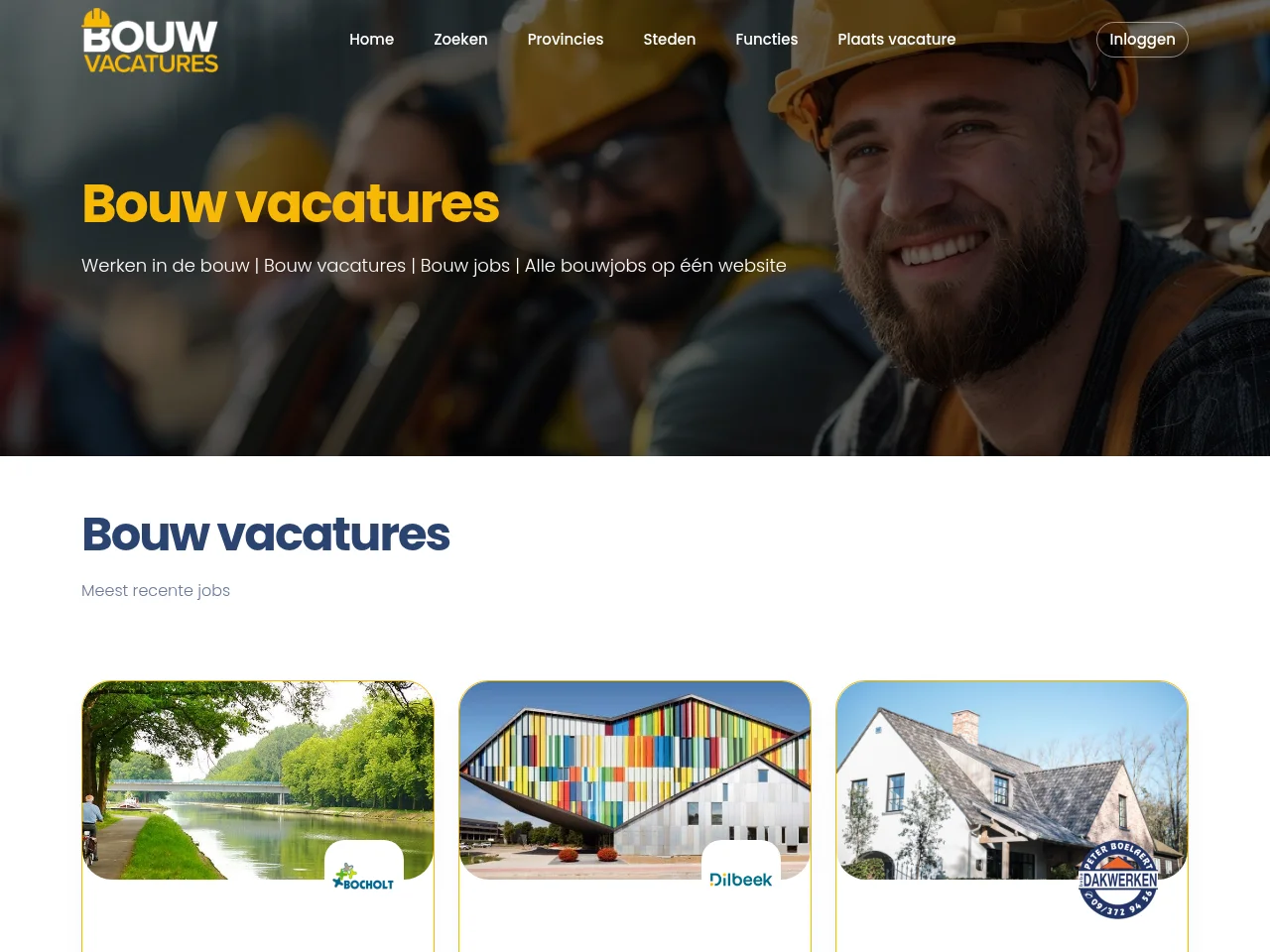 Bouwvacatures job board platform screenshot showing job search interface