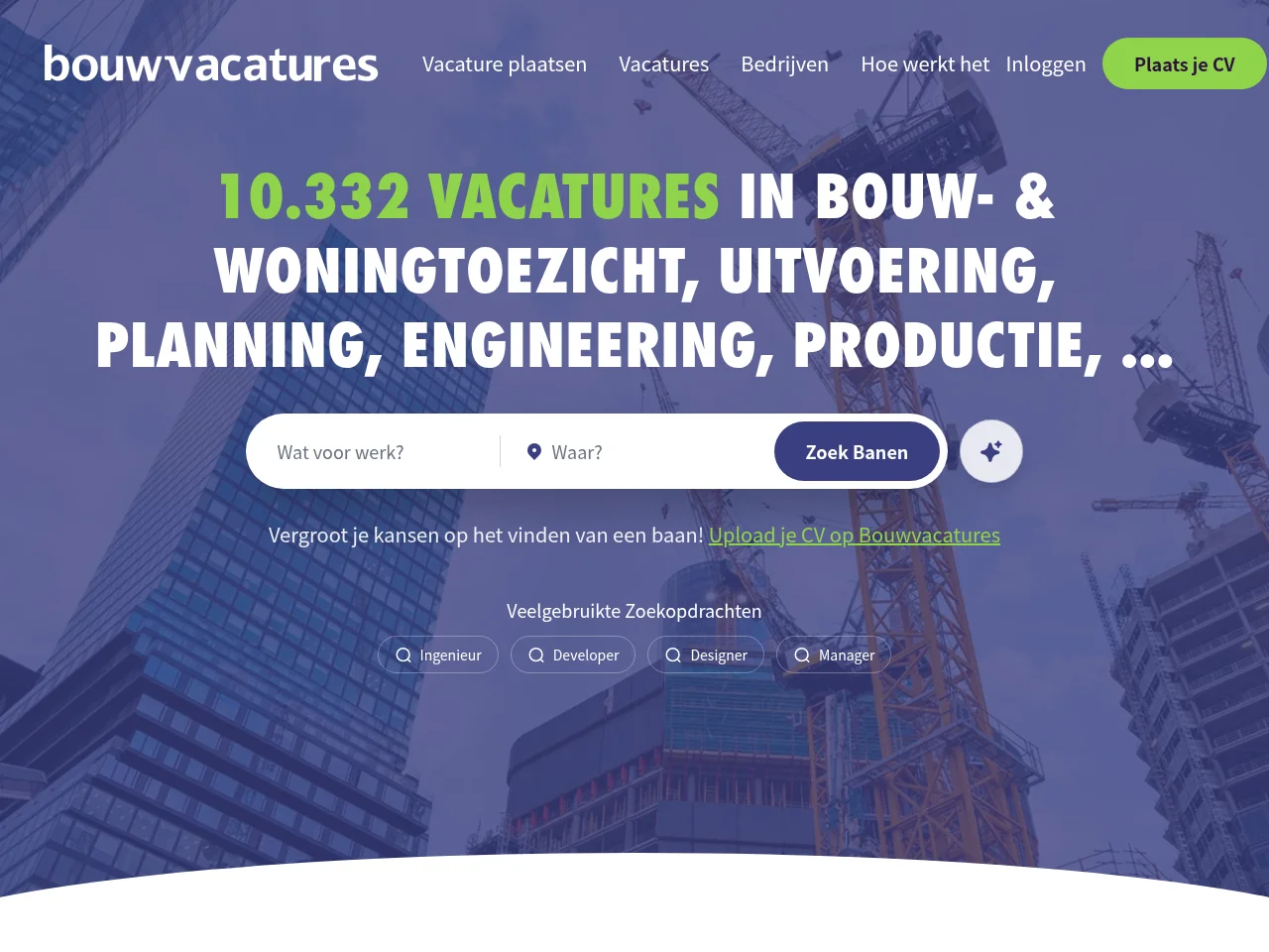 Bouwvacatures job board platform screenshot showing job search interface