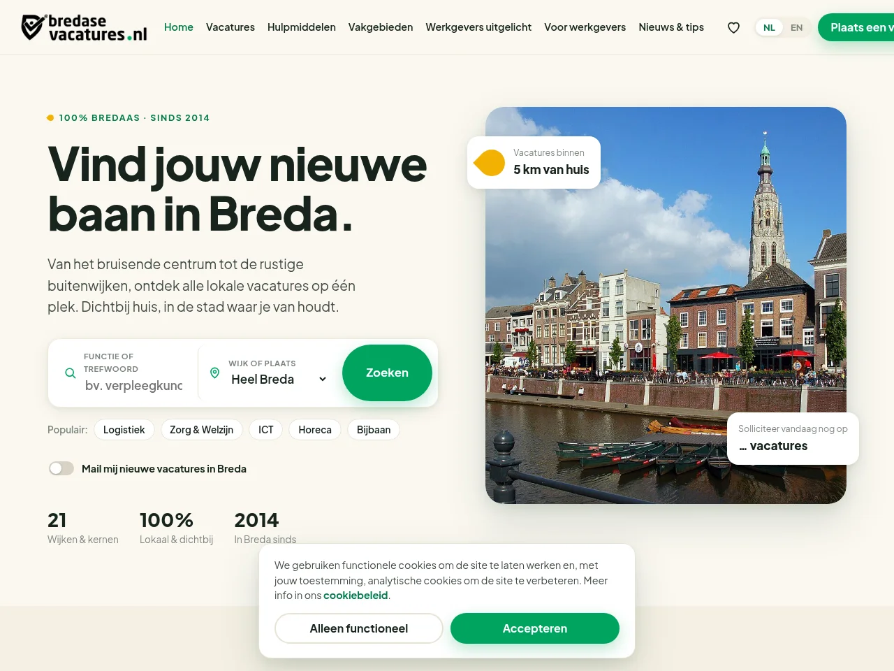 Bredasevacatures.nl job board platform screenshot showing job search interface