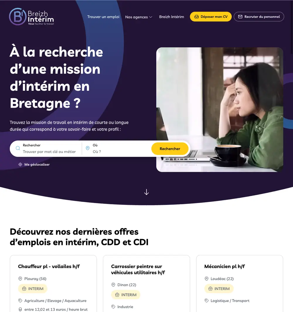 Breizh Interim job board platform screenshot showing job search interface