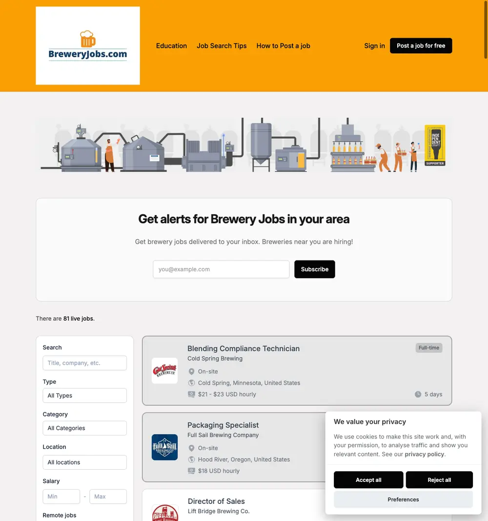 BreweryJobs.com job board platform screenshot showing job search interface