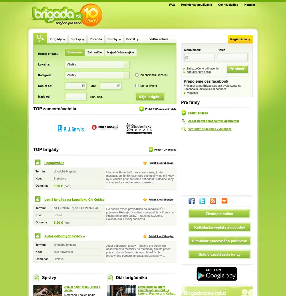 Brigada.sk job board platform screenshot showing job search interface